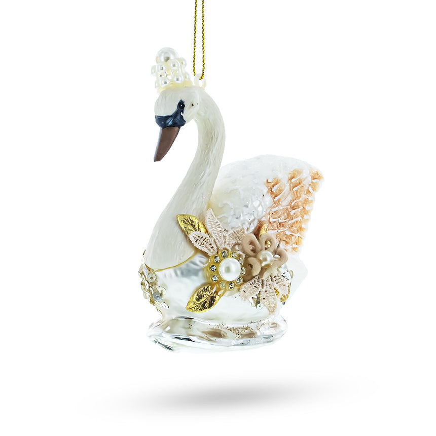 Glass Elegant Royal Swan Adorned with Pearls Blown Glass Christmas Ornament in White color