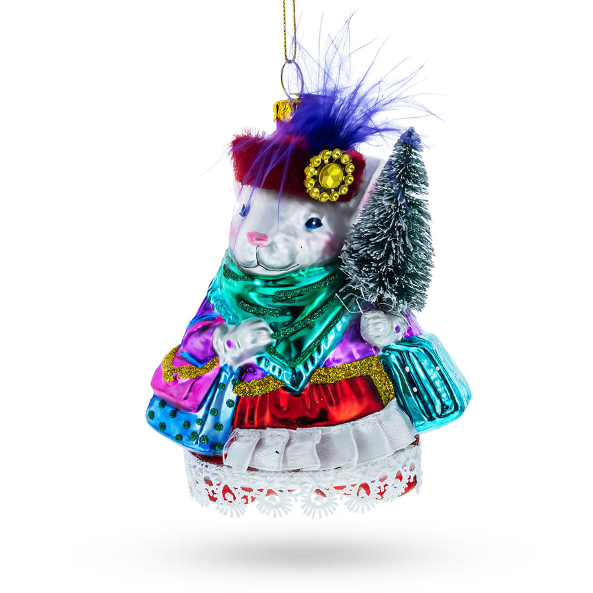 Glass Fashionable Mouse with Tree and Gifts Blown Glass Christmas Ornament in Multi color