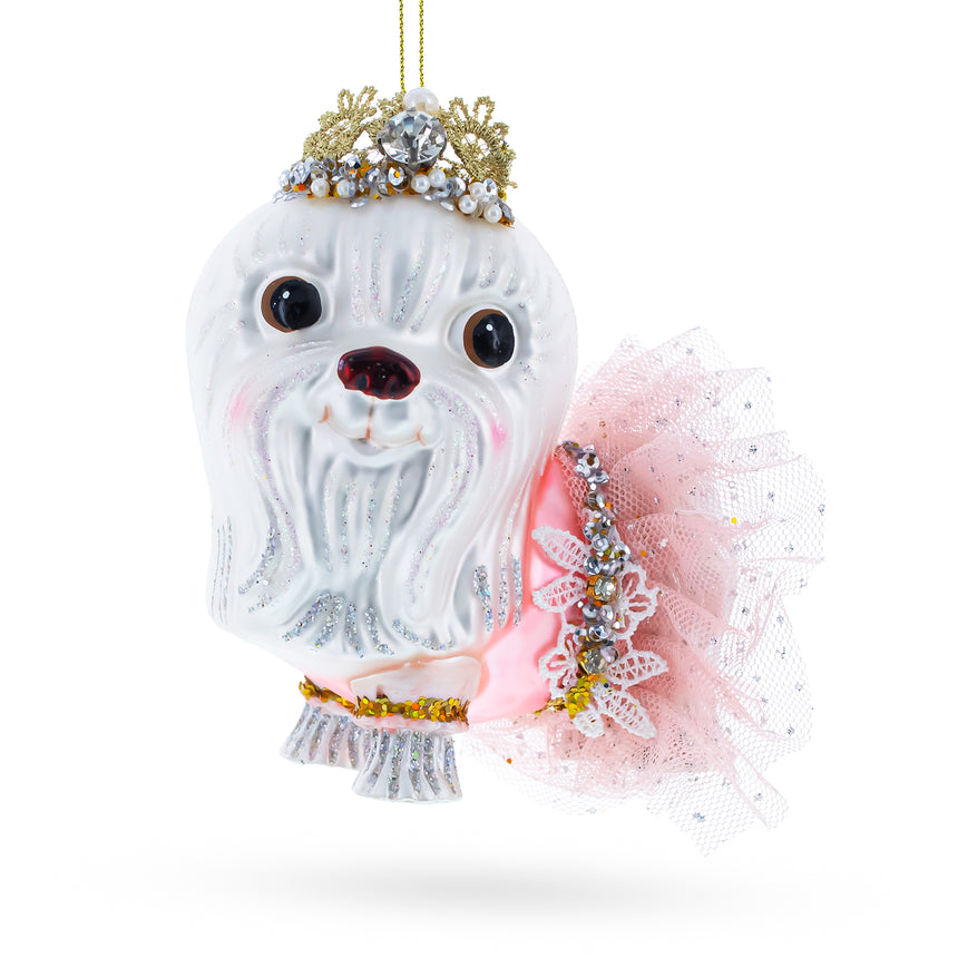 Glass Lovable Bolonka Dog with Crown Glass Christmas Ornament in Multi color