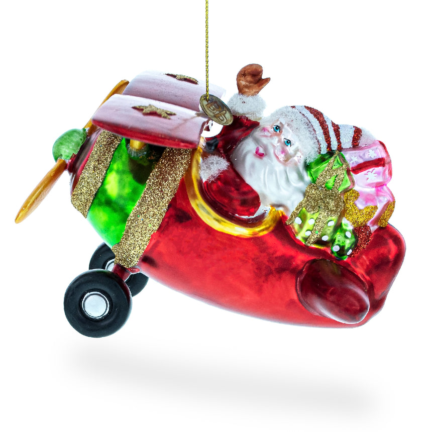 Glass Pilot Santa Flying Airplane Blown Glass Christmas Ornament in Red color