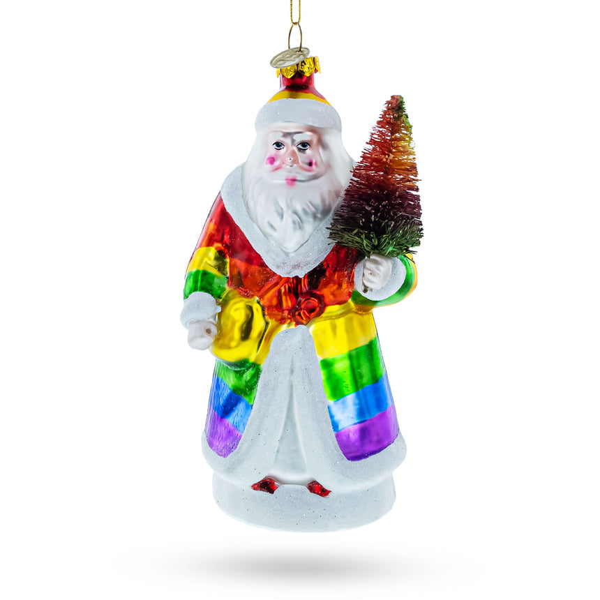 Glass Rainbow-Clad Santa Holding a Christmas Tree Blown Glass Christmas Ornament in Multi color