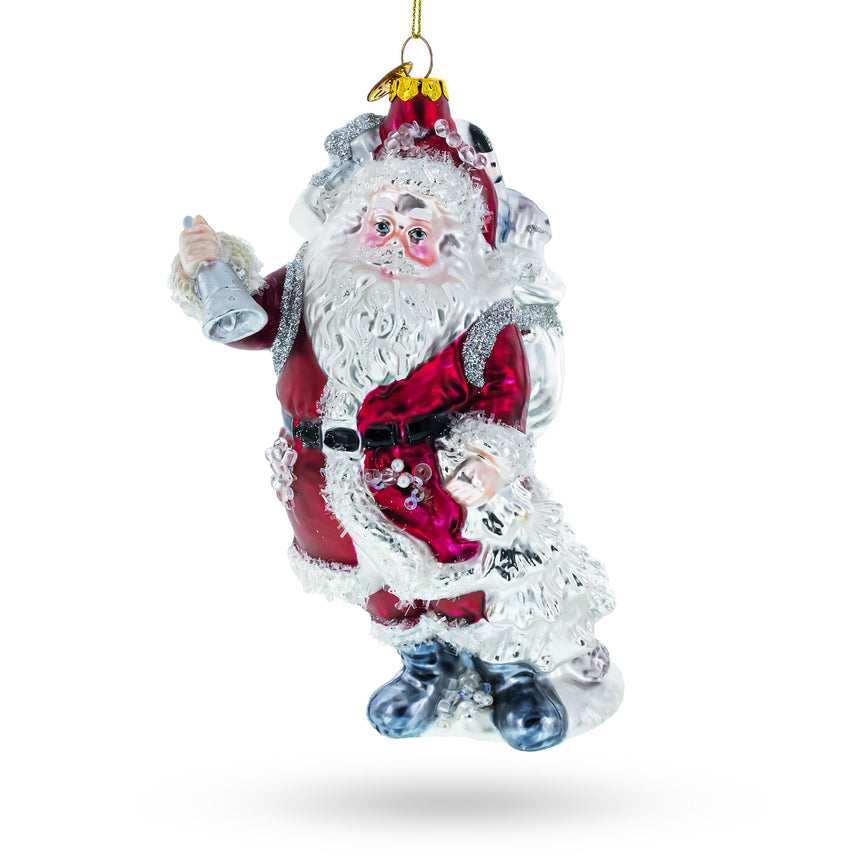 Glass Jolly Santa Ringing a Golden Bell Glass Christmas Ornament in Multi color