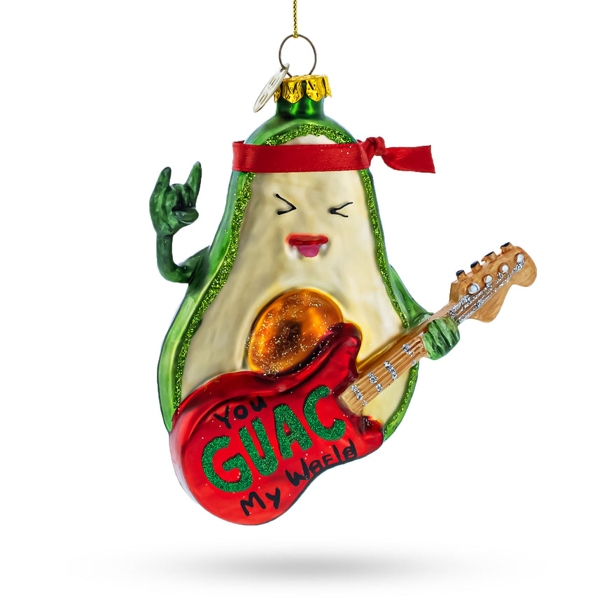 Glass Musical Avocado Strumming a Guitar Glass Christmas Ornament in Multi color