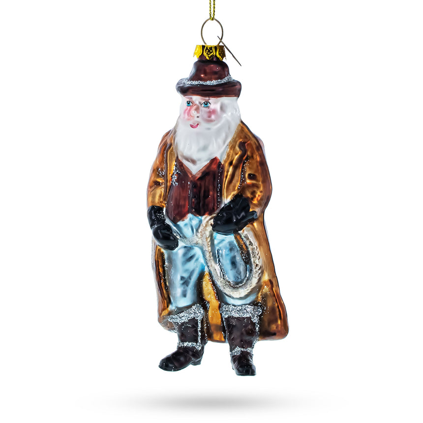 Glass Cowboy Santa Skillfully Twirling a Lasso Blown Glass Christmas Ornament in Multi color