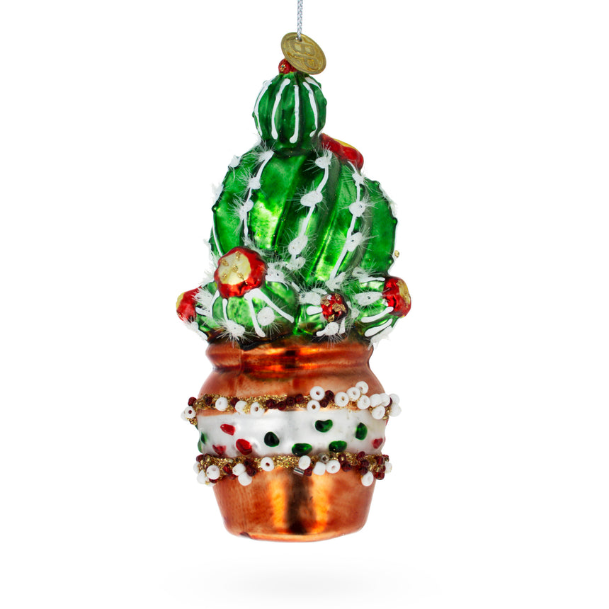 Glass Festively Decorated Cactus in a Pot Glass Christmas Ornament in Multi color