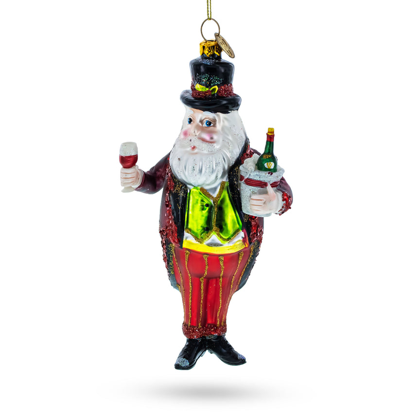 Glass Santa Toasting with a Glass of Red Wine Blown Glass Christmas Ornament in Multi color