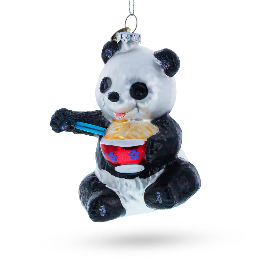 Glass Panda Relishing Noodles Blown Glass Christmas Ornament in Multi color