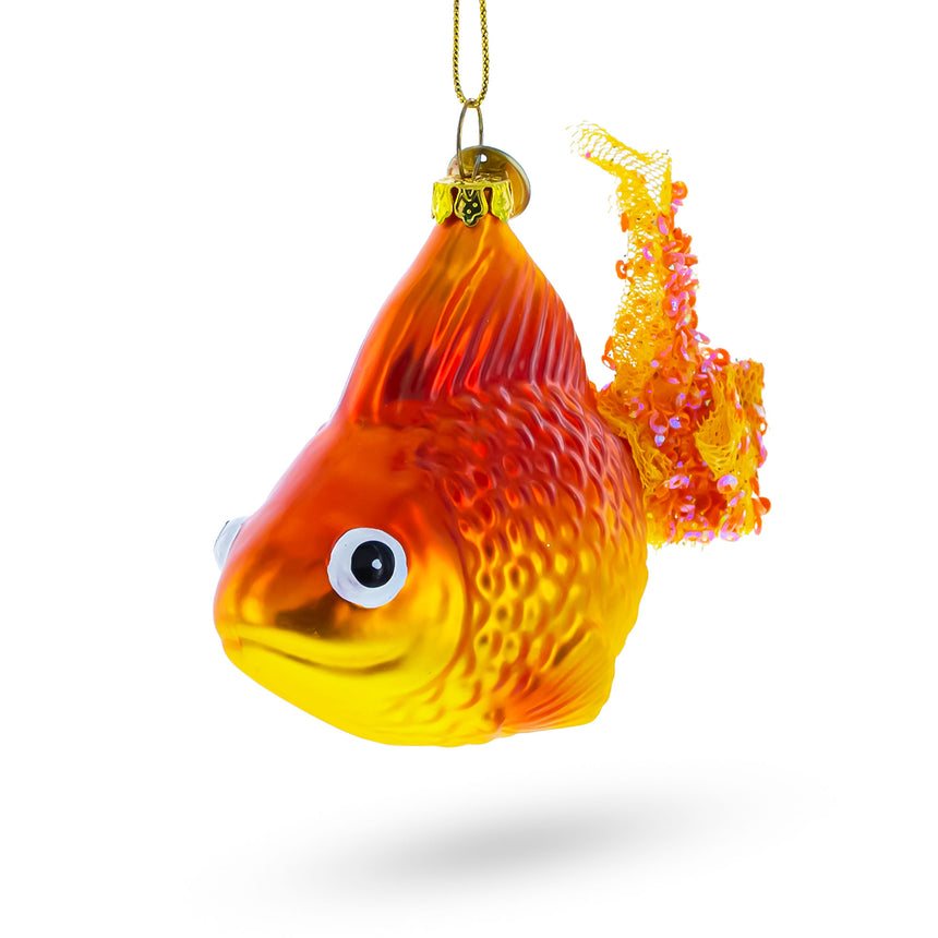 Glass Glistening Goldfish in Aquatic Splendor Blown Glass Christmas Ornament in Orange color