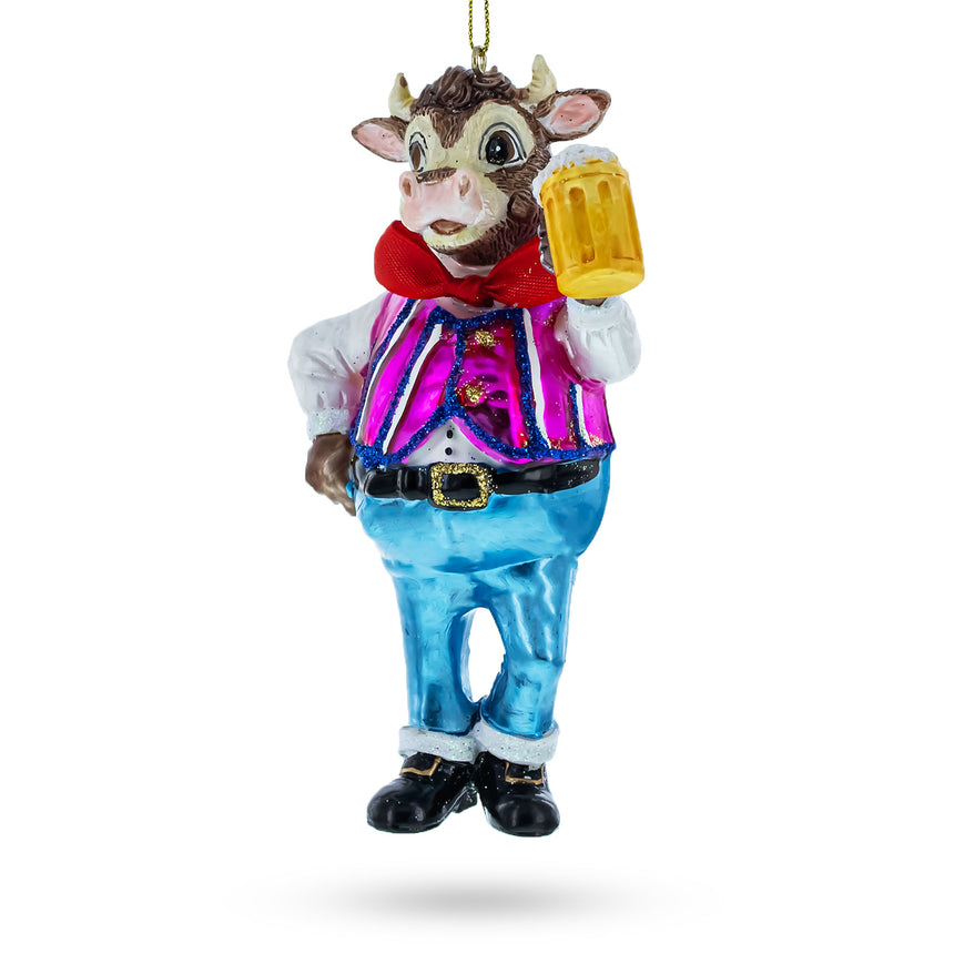 Glass Cheers! Bull Hoisting a Cold One Beer Blown Glass Christmas Ornament in Multi color