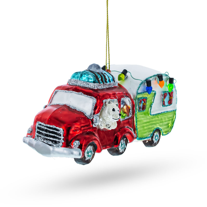 Glass Bear Behind the Wheel of a Camper Blown Glass Christmas Ornament in Multi color