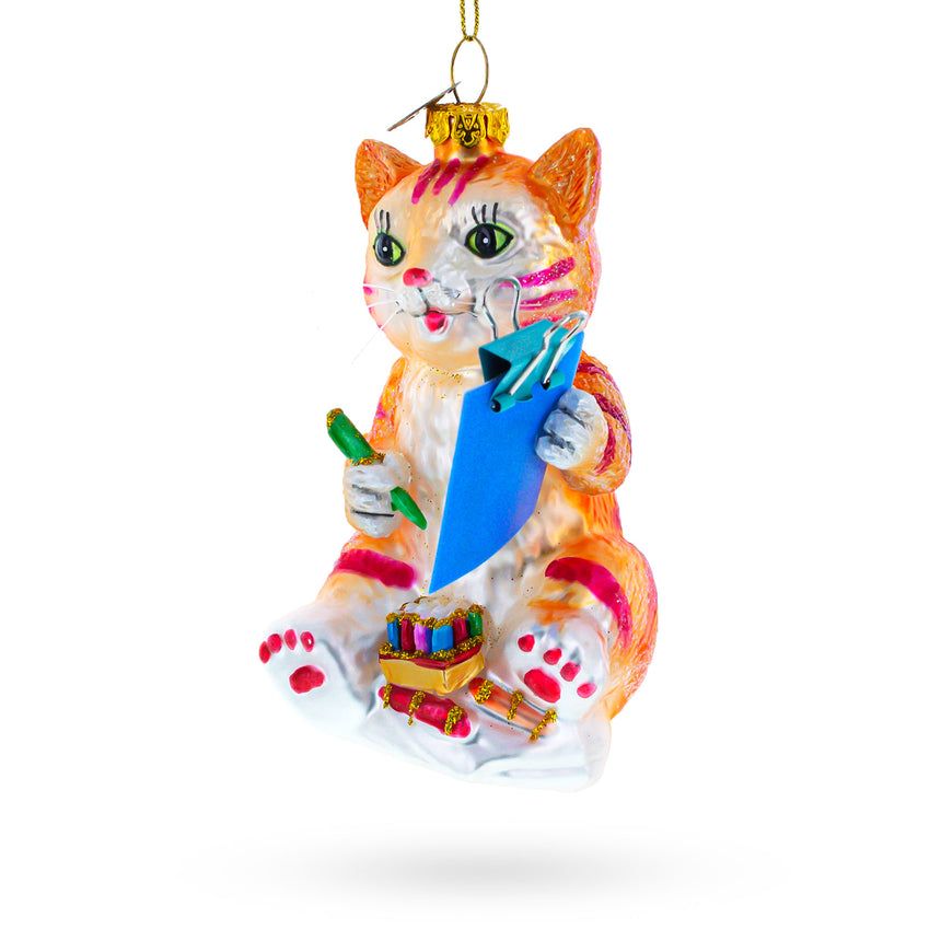 Glass Artistic Cat Creating a Self-Portrait Blown Glass Christmas Ornament in Multi color