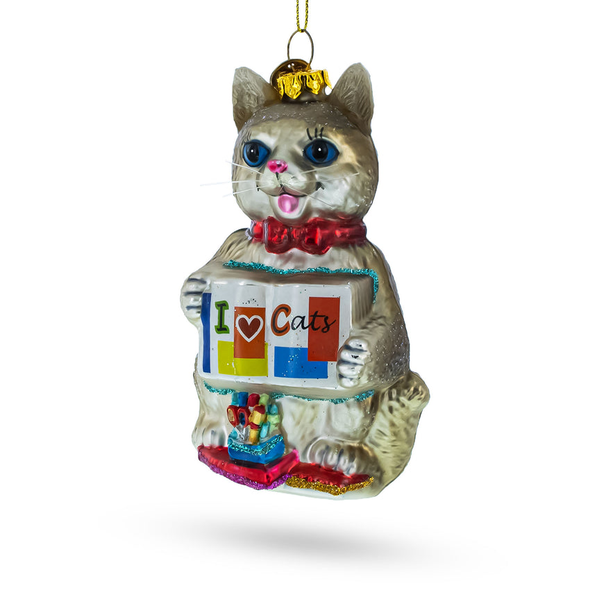 Glass Creative Cat with Crayons Blown Glass Christmas Ornament in Multi color