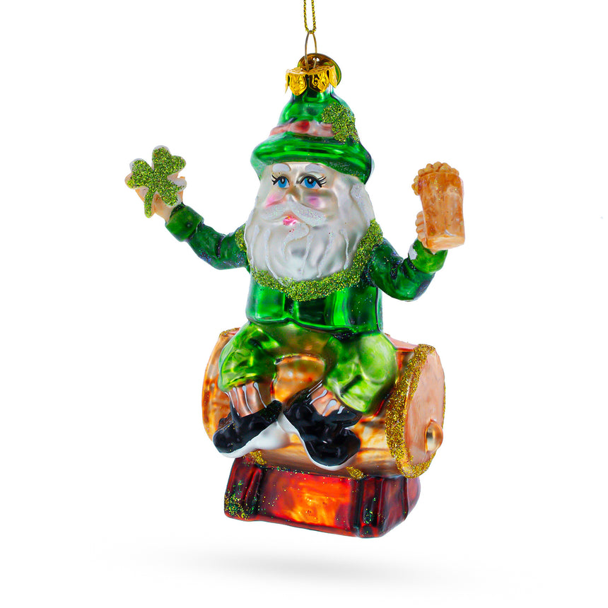 Glass Irish Santa Sitting on a Whiskey Barrel Blown Glass Christmas Ornament in Multi color