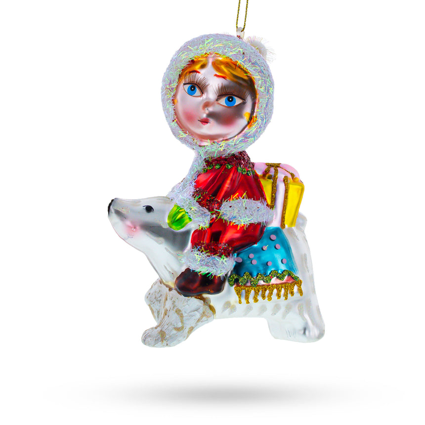 Glass Enchanting Girl Riding a Polar Bear Hand Blown Glass Christmas Ornament in Multi color