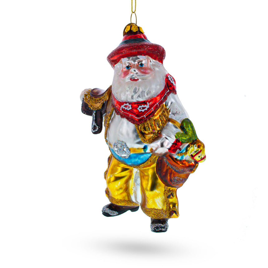 Glass Rodeo Santa in Cowboy Gear Blown Glass Christmas Ornament in Multi color