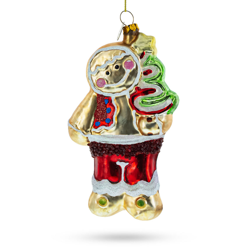 Glass Festive Gingerbread with Christmas Tree Blown Glass Ornament in Multi color