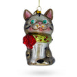 Glass Cat with Sparkling Collar Blown Glass Christmas Ornament in Multi color