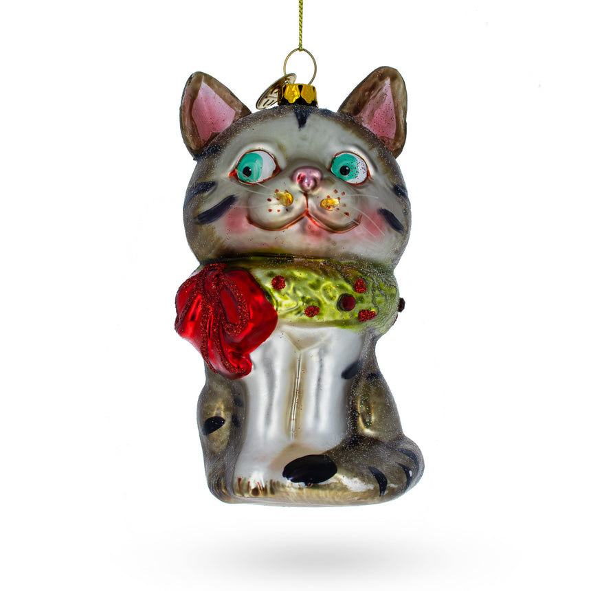 Glass Cat with Sparkling Collar Blown Glass Christmas Ornament in Multi color