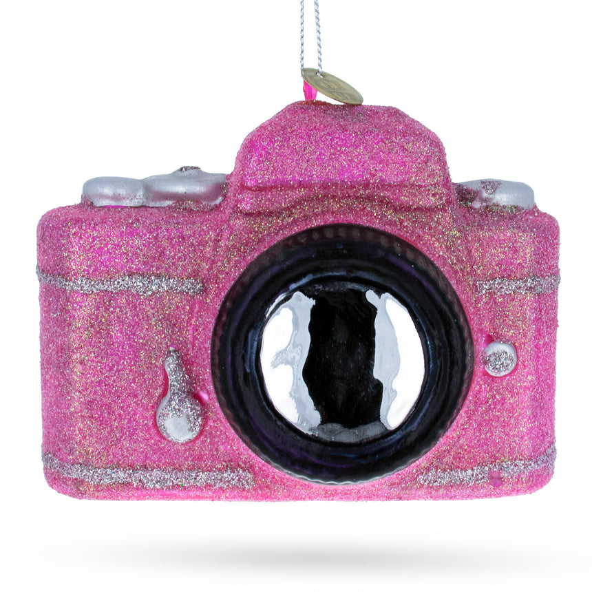 Glass Vintage Pink Camera Blown Glass Christmas Ornament in Pink color