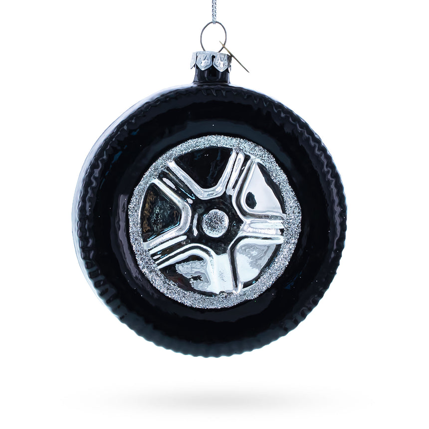 Glass Sleek Black Car Wheel Blown Glass Christmas Ornament in Black color Round