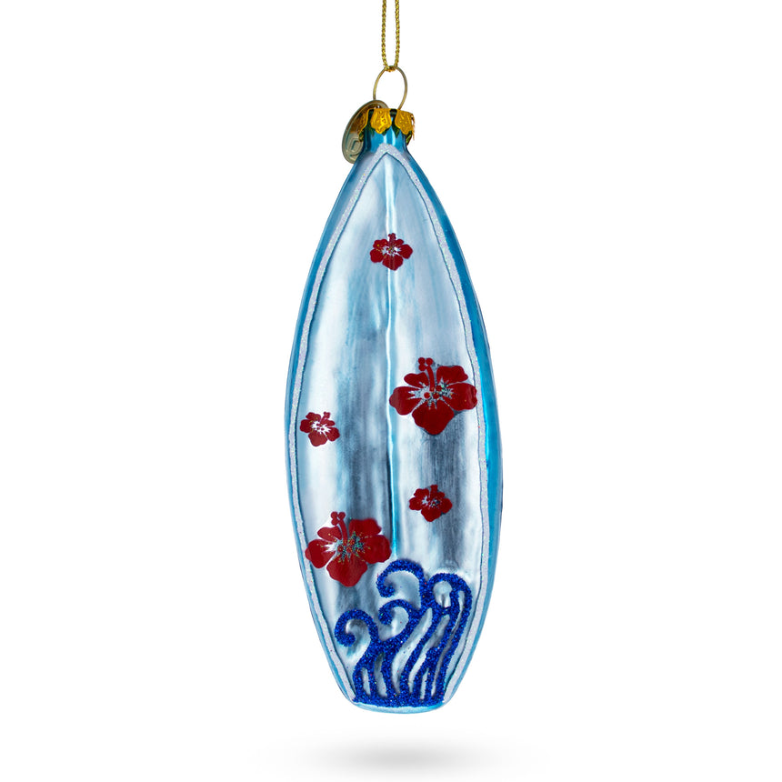 Glass Tropical Vibes Blue Surfboard Blown Glass Christmas Ornament in Multi color