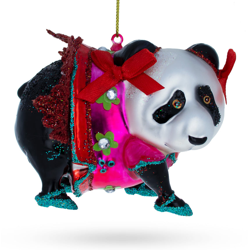 Glass Festive Panda in Colorful Dress Glass Christmas Ornament in Multi color