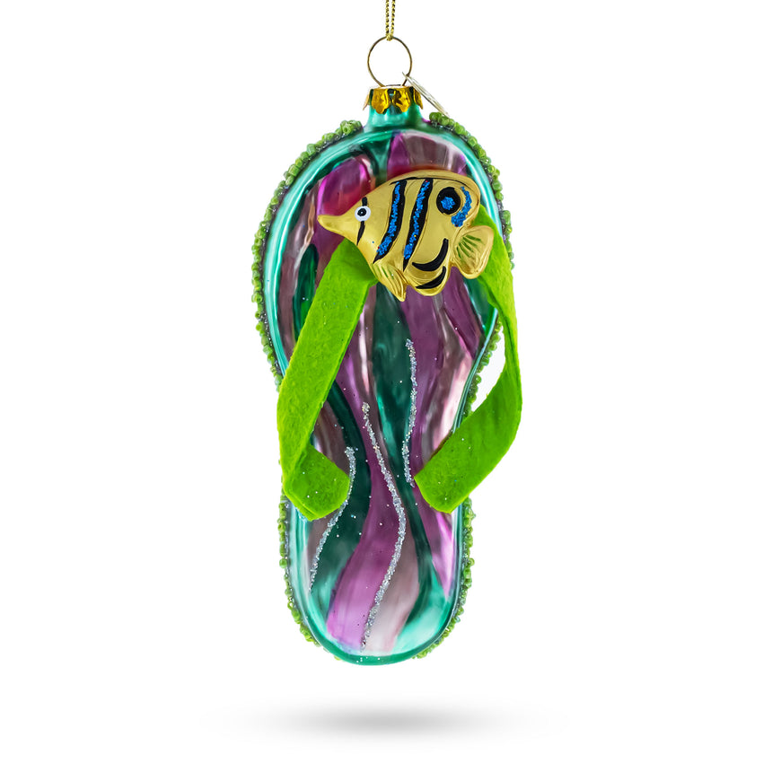 Glass Tropical Turquoise Flip Flops with Fish Design Blown Glass Christmas Ornament in Multi color