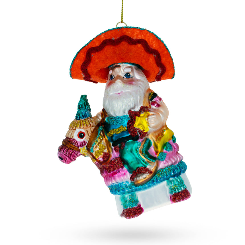 Glass Santa Riding a Festive Pinata Blown Glass Christmas Ornament in Multi color