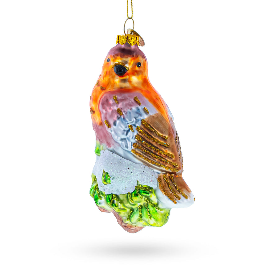 Glass Bird Perched on Snowy Tree Branch Glass Christmas Ornament in Multi color