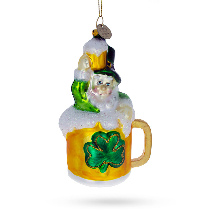 Glass Leprechaun Lounging in a Beer Mug Glass Christmas Ornament in Multi color