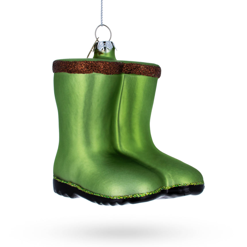 Glass Green Rubber Boots Blown Glass Christmas Ornament in Green color