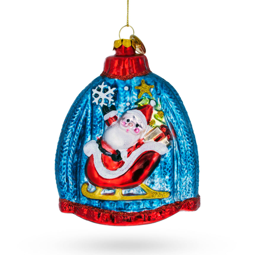 Glass Cozy Blue Christmas Sweater Featuring Santa Blown Glass Christmas Ornament in Multi color