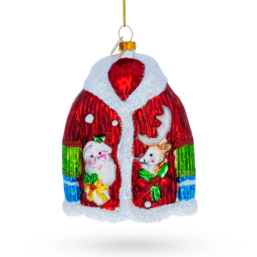 Glass Christmas Jacket Adorned with Santa and Reindeer Glass Christmas Ornament in Multi color