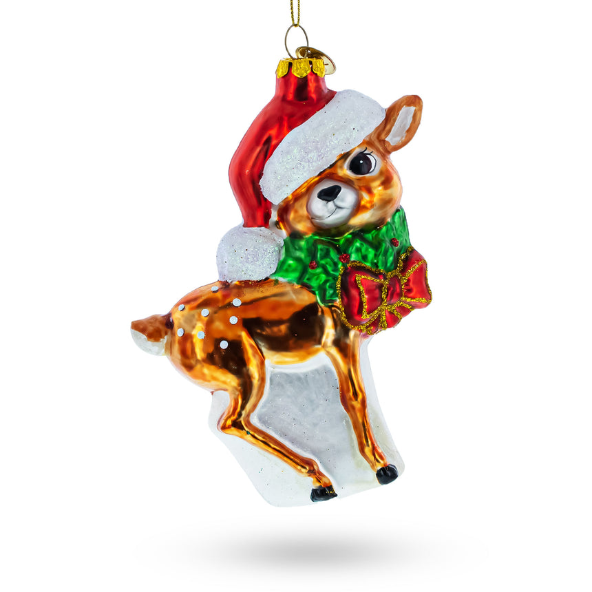 Glass Adorable Deer Fawn in Santa Hat Glass Christmas Ornament in Multi color