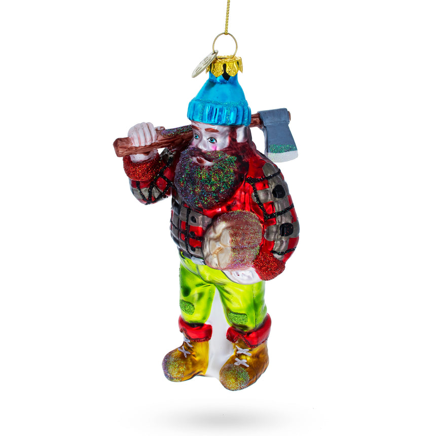 Glass Rugged Lumberjack Carrying Log Glass Christmas Ornament in Multi color