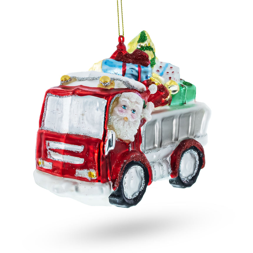 Glass Santa's Holiday Road Trip: A Truckload of Gifts Blown Glass Christmas Ornament in Multi color