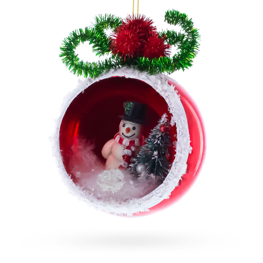 Glass Festive Snowman and His Christmas Tree Blown Glass Ornament in Multi color