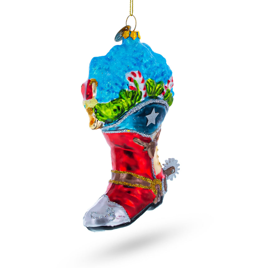 Glass Cowboy Boot with Candy Canes Blown Glass Christmas Ornament in Multi color