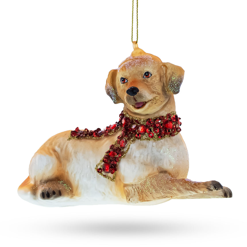 Glass Golden Retriever with Jeweled Collar Glass Christmas Ornament in Multi color