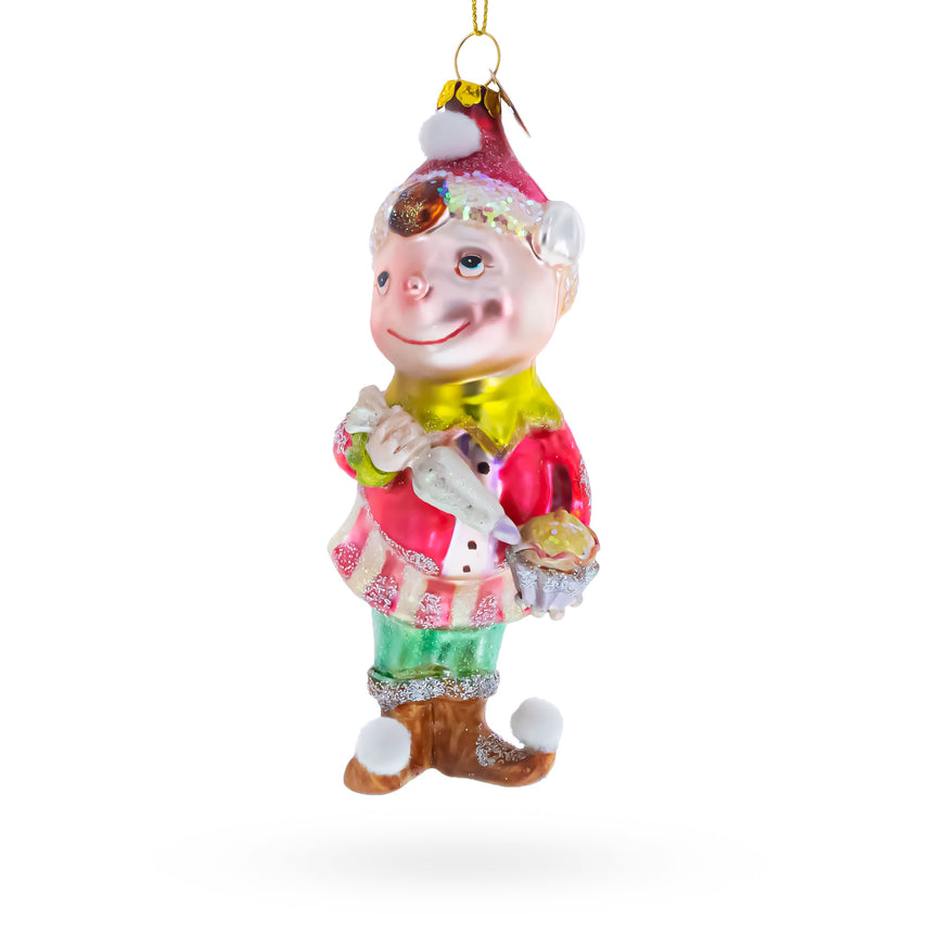 Glass Whimsical Elf Decorating Cupcake Glass Christmas Ornament in Multi color