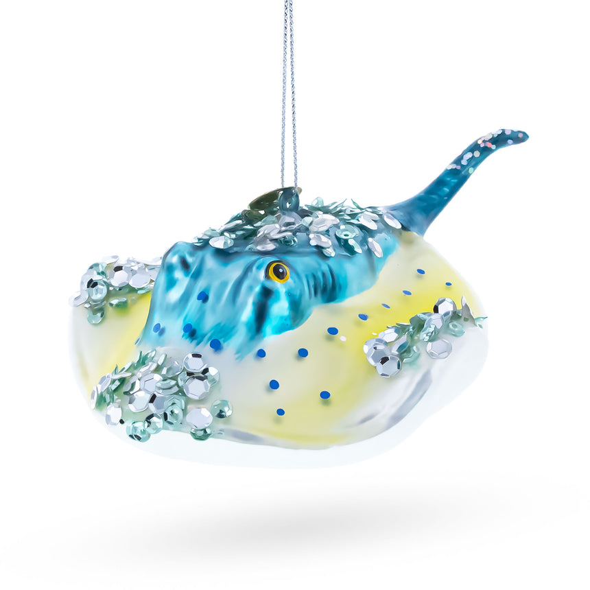 Glass Elegant Blue Stingray Blown Glass Christmas Ornament in Blue color