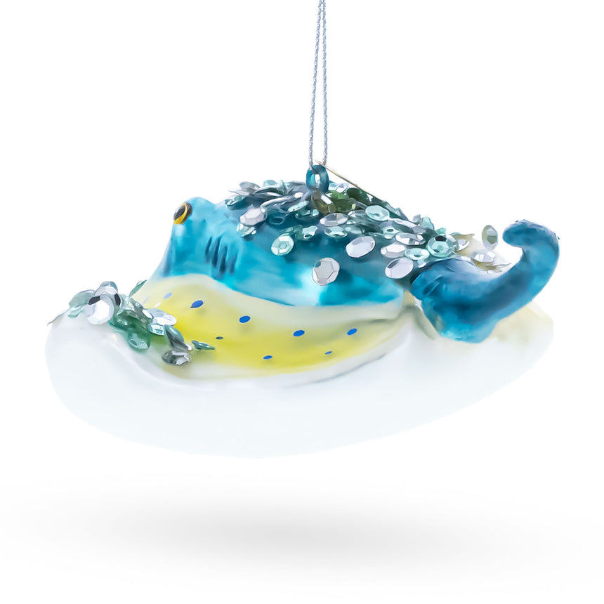 Elegant Blue Stingray Blown Glass Christmas Ornament ,dimensions in inches: 4 x 2.2 x 1.9