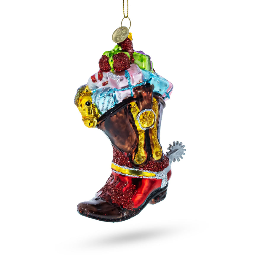 Glass Western Cowboy Boot with Gifts Glass Christmas Ornament in Multi color