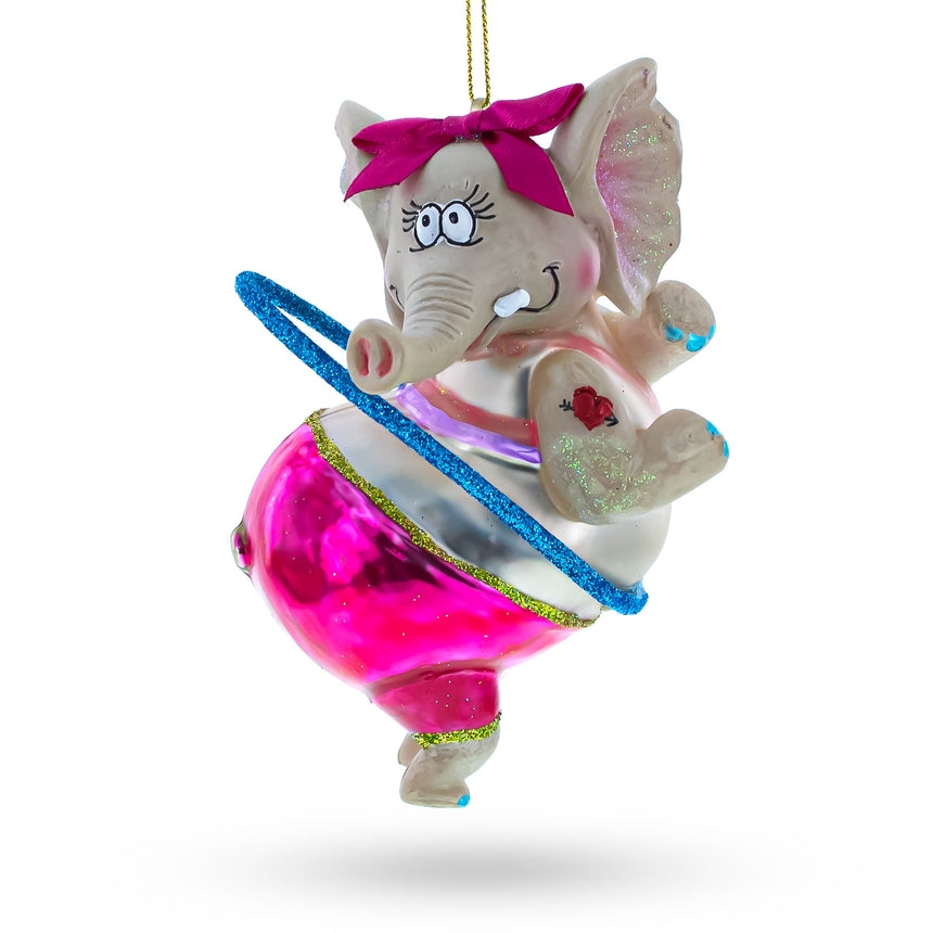 Glass Circus Elephant Balancing Hula Hoop Glass Christmas Ornament in Multi color