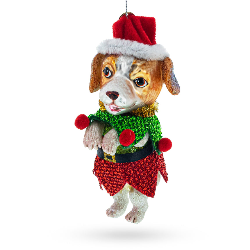 Glass Dog in Elf Costume Blown Glass Christmas Ornament in Multi color