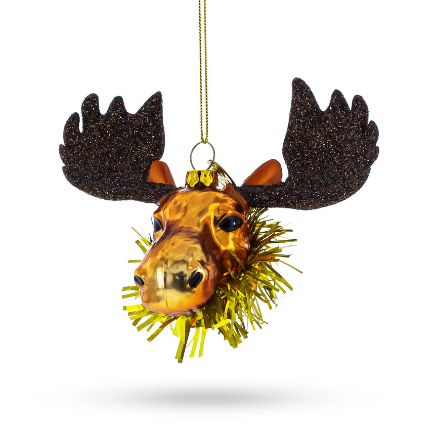 Glass Majestic Moose Head Adorned with Tinsel Collar Blown Glass Christmas Ornament in Multi color