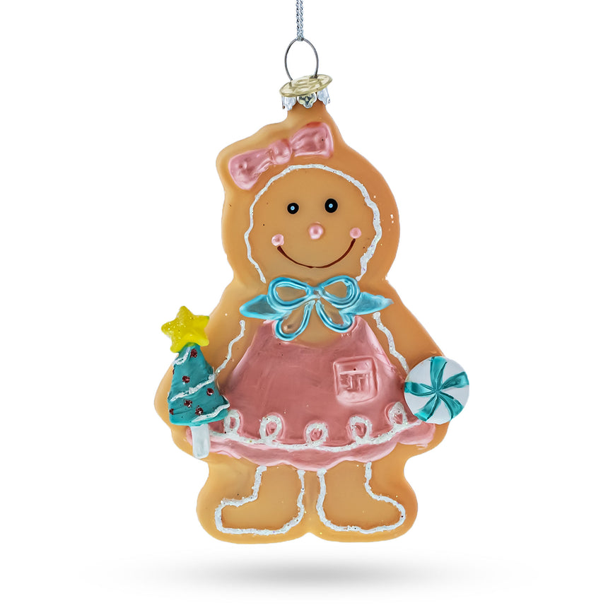 Glass Sweet Gingerbread Girl in Festive Attire Blown Glass Christmas Ornament in Multi color