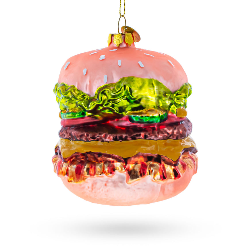 Glass Mouth-Watering Feast: Double Cheeseburger Blown Glass Christmas Ornament in Multi color