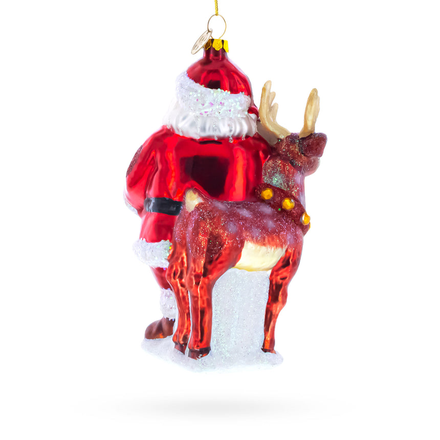 Santa's Sleigh Ride: Santa with Reindeer Blown Glass Christmas Ornament ,dimensions in inches: 6.3 x 3.7 x 3.2