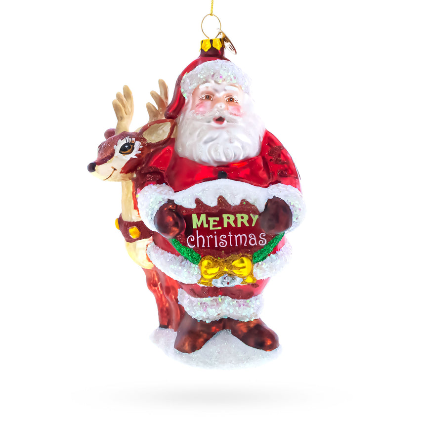 Glass Santa's Sleigh Ride: Santa with Reindeer Blown Glass Christmas Ornament in Red color